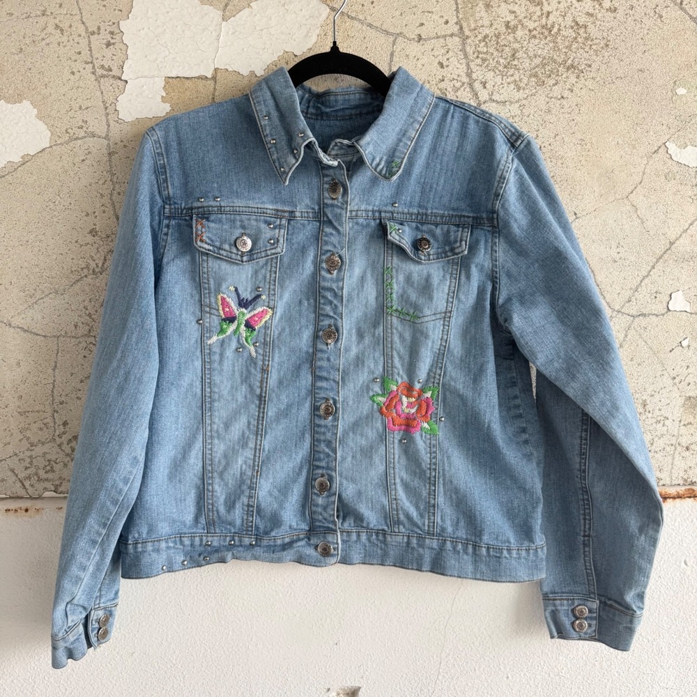 Y2K Jean Jacket Floral Embroidered Studded Denim Vtg Butterfly Girls XL Womens S